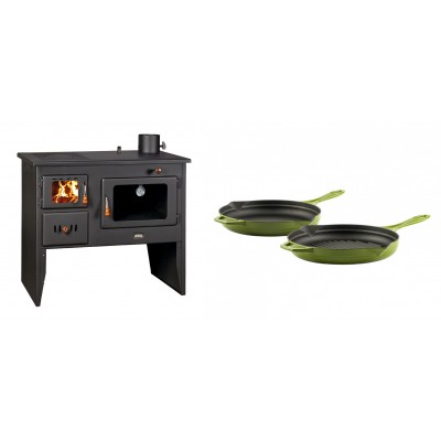 Set Küchenofen / Küchenhexe Wasserführend Prity mit Backofen und Kochplatte, Modell 1P41 W12, Leistung 16.1kW + Gusseisen Topf Set aus 2 teilen Solagio, Bamboo - Kaminofen - Holzofen mit Backfach