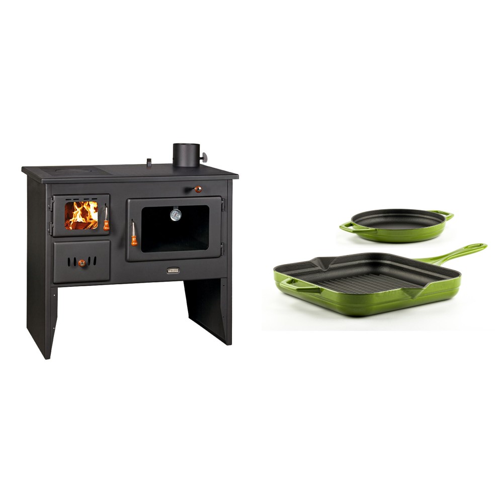 Set Küchenofen / Küchenhexe Wasserführend Prity mit Backofen und Kochplatte, Modell 1P41 W12, Leistung 16.1kW + Gusseisen Topf Set aus 2 teilen Solagio, Bamboo | Kaminofen - Holzofen mit Backfach | Prity |