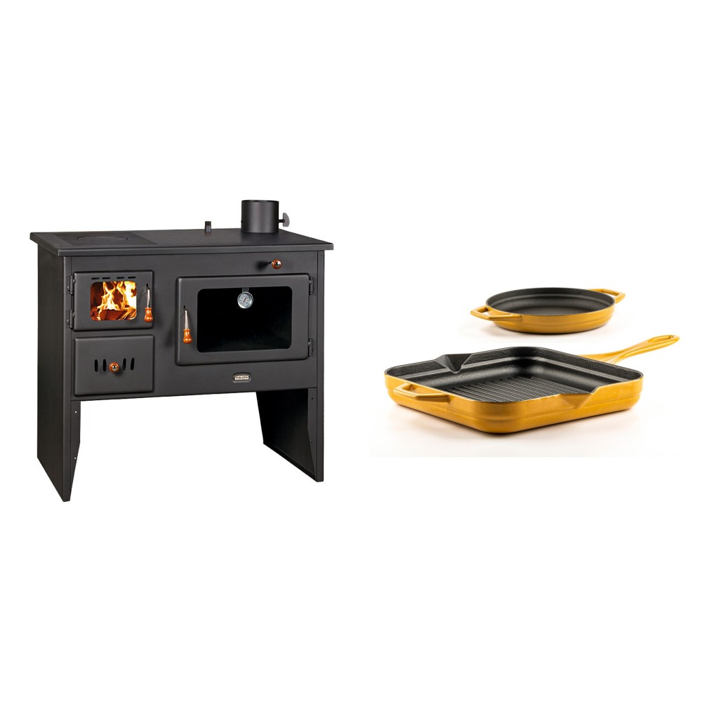 Set Küchenofen / Küchenhexe Wasserführend Prity mit Backofen und Kochplatte, Modell 1P41 W12, Leistung 16.1kW + Gusseisen Topf Set aus 2 teilen Solagio, Dijon | Kaminofen - Holzofen mit Backfach | Prity |