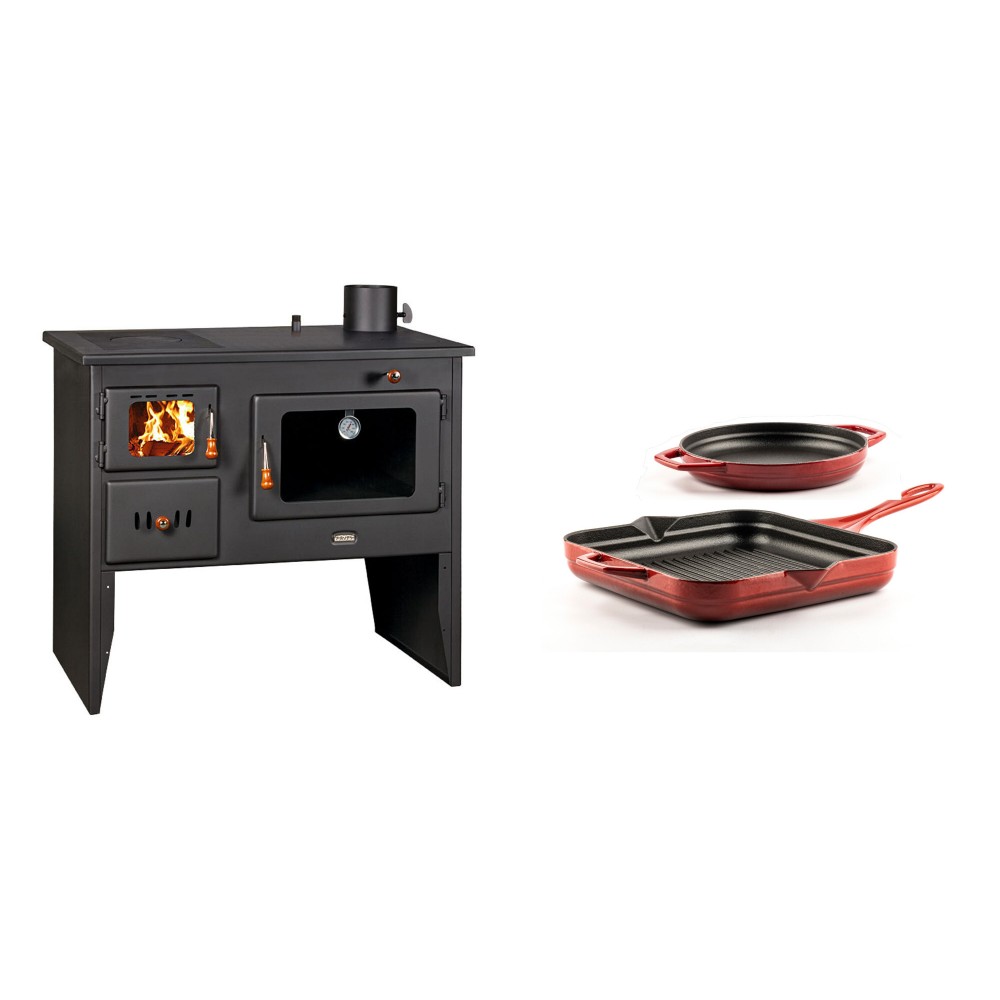 Set Küchenofen / Küchenhexe Wasserführend Prity mit Backofen und Kochplatte, Modell 1P41 W12, Leistung 16.1kW + Gusseisen Topf Set aus 2 teilen Solagio, Rubin | Kaminofen - Holzofen mit Backfach | Prity |