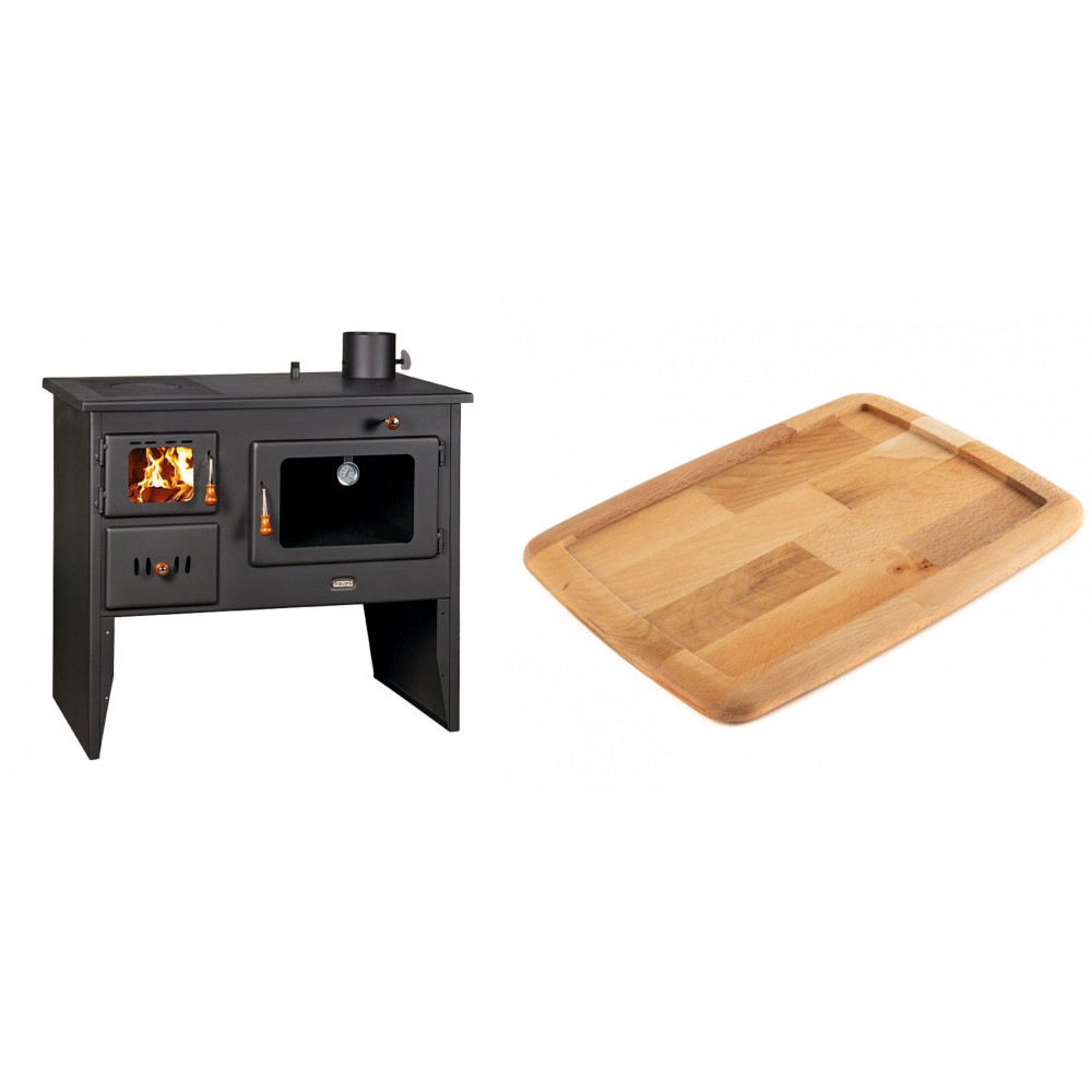 Set Küchenofen / Küchenhexe Wasserführend Prity mit Backofen und Kochplatte, Modell 1P41 W12, Leistung 16.1kW + Holz untersetzer für gusseisenplatte Solagio HSST2131