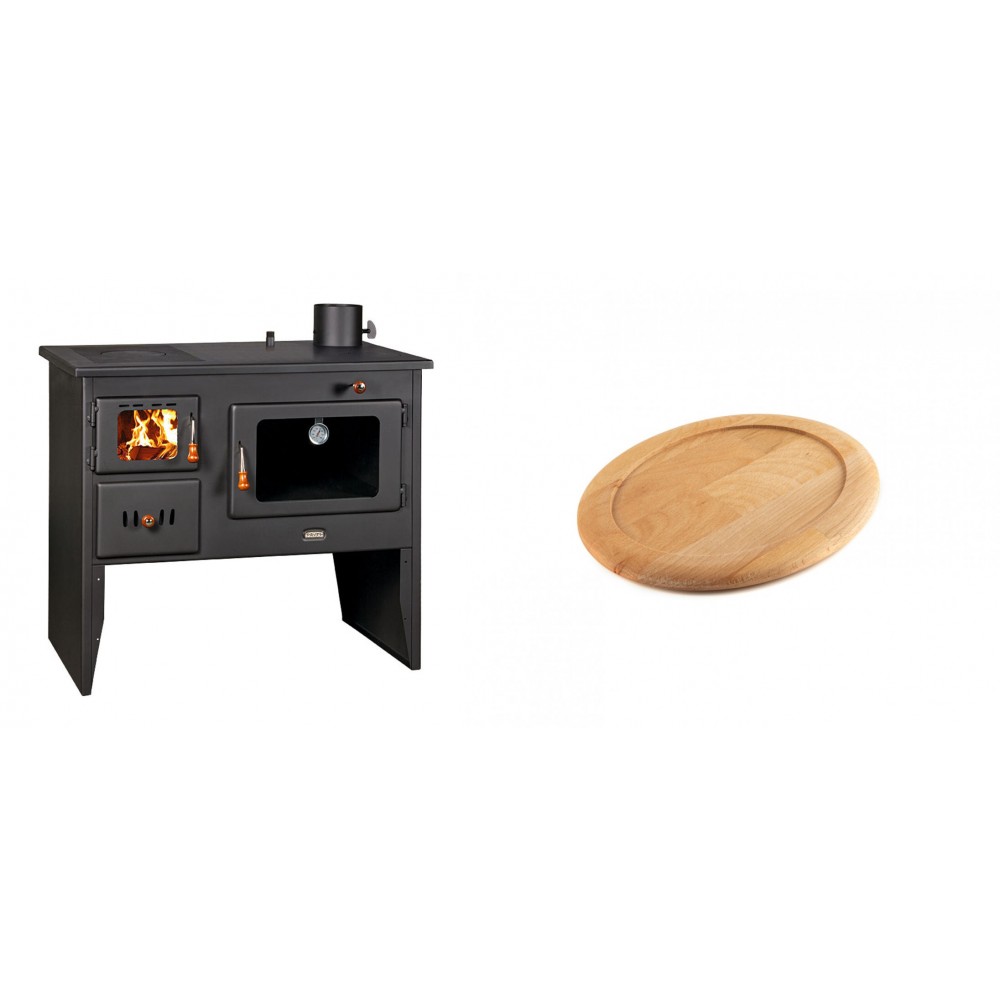 Set Küchenofen / Küchenhexe Wasserführend Prity mit Backofen und Kochplatte, Modell 1P41 W12, Leistung 16.1kW + Holz untersetzer für ovale gusseisenpfanne Solagio HSFT1825 | Kaminofen - Holzofen mit Backfach | Prity |