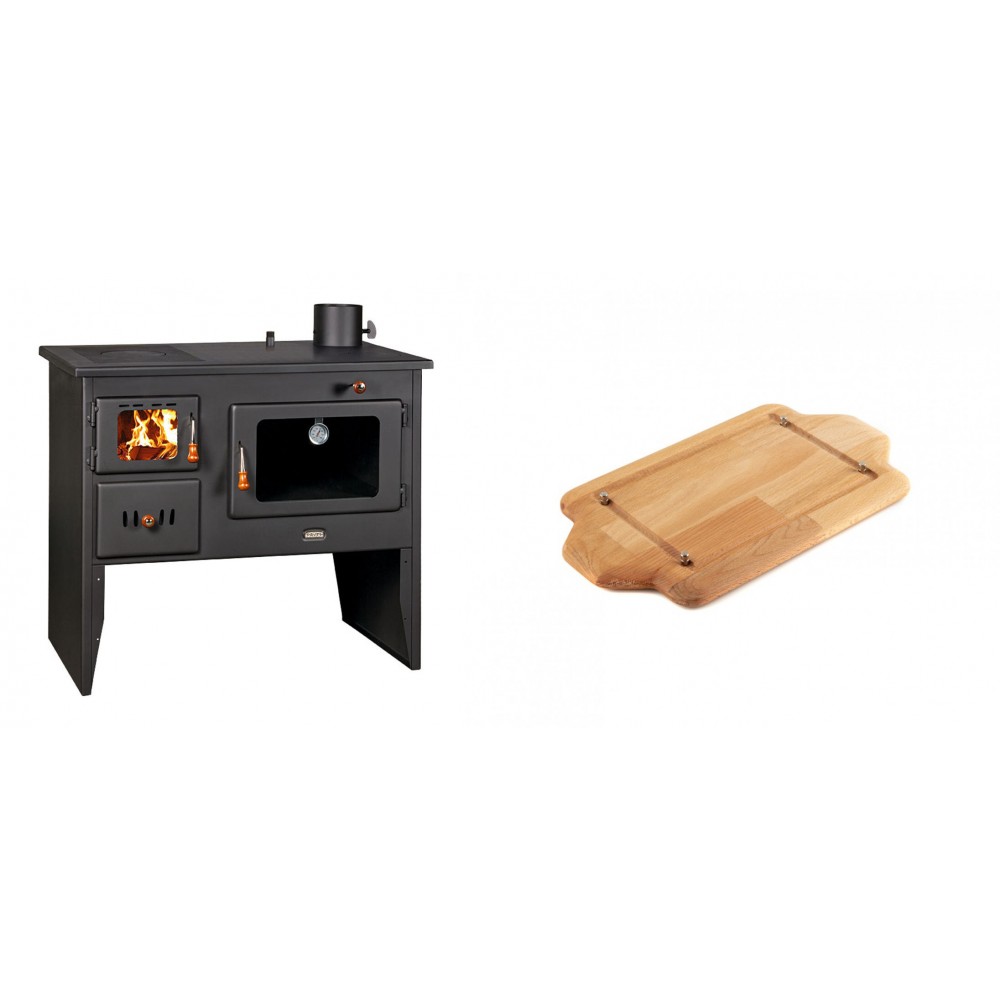 Set Küchenofen / Küchenhexe Wasserführend Prity mit Backofen und Kochplatte, Modell 1P41 W12, Leistung 16.1kW + Holz untersetzer für mini-gusseisenplatte Solagio HSDDHP1522