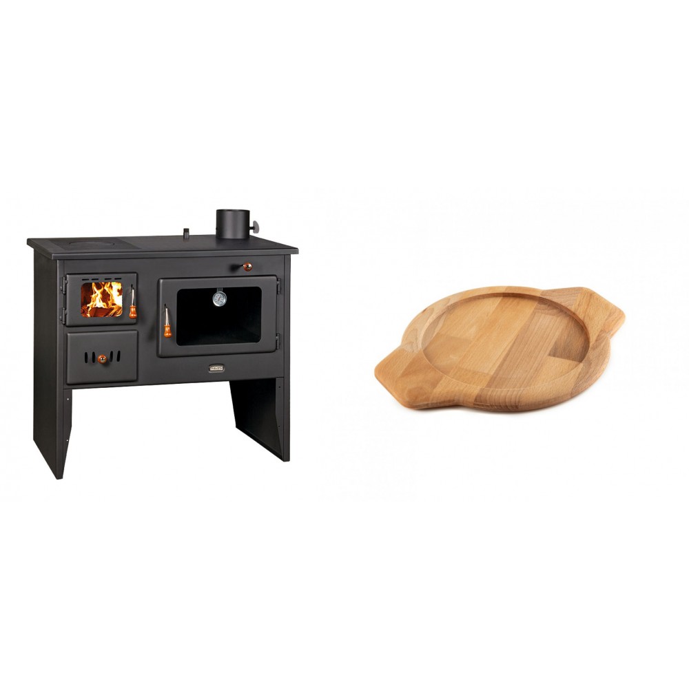 Set Küchenofen / Küchenhexe Wasserführend Prity mit Backofen und Kochplatte, Modell 1P41 W12, Leistung 16.1kW + Holz untersetzer für gusseisenschüssel Solagio HSYKTV22 | Kaminofen - Holzofen mit Backfach | Prity |