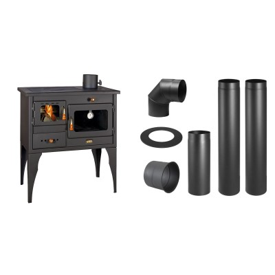 Set Küchenofen / Küchenhexe Prity mit Backofen und Kochplatte, Modell 1P34L, Leistung 10.1kW, Füße + Schornstein Bausatz PARKANEX, Stahl Ø130, Dicke 2mm - Kaminofen - Holzofen mit Backfach