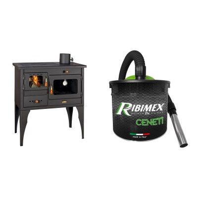Set Küchenofen / Küchenhexe Prity mit Backofen und Kochplatte, Modell 1P34L, Leistung 10.1kW, Füße + Elektrischer Aschesauger Ribimex, Modell Cenetì, Fassungsvermögen 15 L - Kaminofen - Holzofen mit Backfach