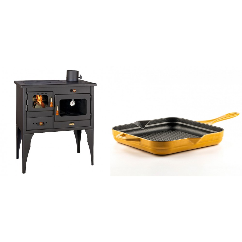 Set Küchenofen / Küchenhexe Prity mit Backofen und Kochplatte, Modell 1P34L, Leistung 10.1kW, Füße + Emaillierte grillpfanne Gusseisen Solagio, Dijon, 28х28cm | Kaminofen - Holzofen mit Backfach | Kaminofen |