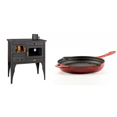 Set Küchenofen / Küchenhexe Prity mit Backofen und Kochplatte, Modell 1P34L, Leistung 10.1kW, Füße + Emaillierte grillpfanne Gusseisen Solagio, Rubin, Ф28cm - Kaminofen - Holzofen mit Backfach