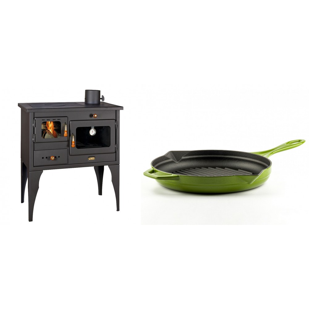 Set Küchenofen / Küchenhexe Prity mit Backofen und Kochplatte, Modell 1P34L, Leistung 10.1kW, Füße + Emaillierte grillpfanne Gusseisen Solagio, Bamboo, Ф28cm