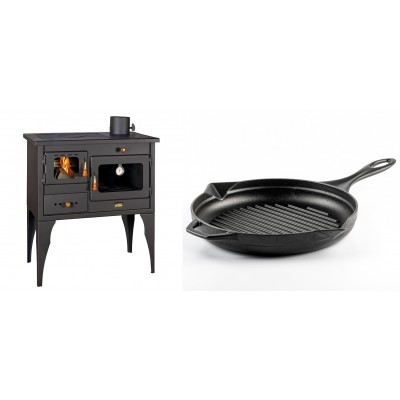 Set Küchenofen / Küchenhexe Prity mit Backofen und Kochplatte, Modell 1P34L, Leistung 10.1kW, Füße + Emaillierte grillpfanne Gusseisen Solagio, Black Onyx, Ф28cm - Kaminofen - Holzofen mit Backfach