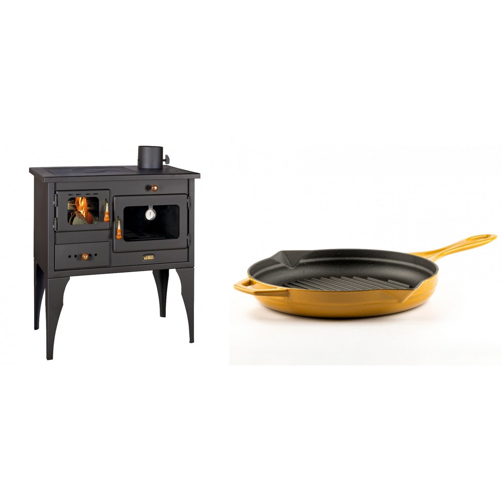 Set Küchenofen / Küchenhexe Prity mit Backofen und Kochplatte, Modell 1P34L, Leistung 10.1kW, Füße + Emaillierte grillpfanne Gusseisen Solagio, Dijon, Ф28cm