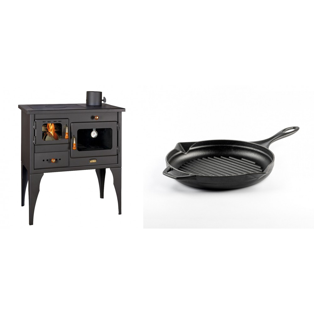 Set Küchenofen / Küchenhexe Prity mit Backofen und Kochplatte, Modell 1P34L, Leistung 10.1kW, Füße + Emaillierte grillpfanne Gusseisen Solagio, Black Onyx, Ф24cm