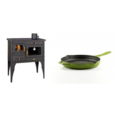 Set Küchenofen / Küchenhexe Prity mit Backofen und Kochplatte, Modell 1P34L, Leistung 10.1kW, Füße + Emaillierte grillpfanne Gusseisen Solagio, Bamboo, Ф24cm - Kaminofen - Holzofen mit Backfach