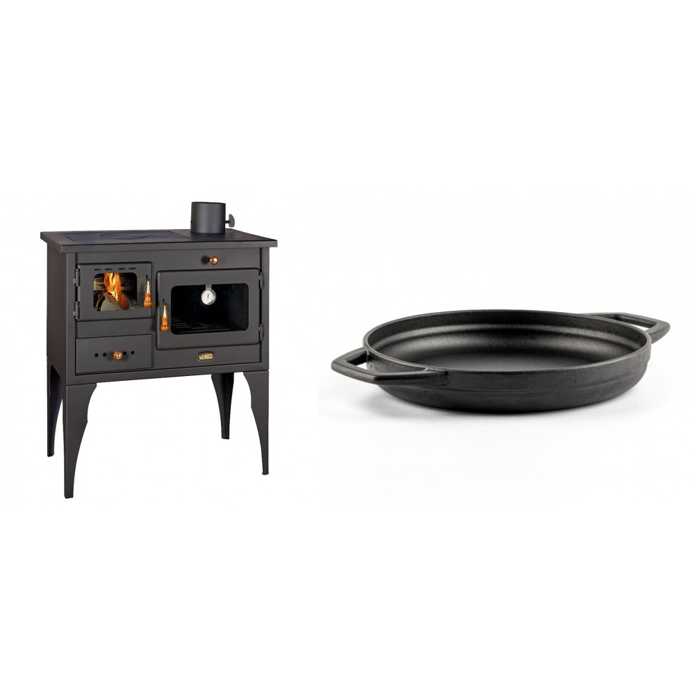 Set Küchenofen / Küchenhexe Prity mit Backofen und Kochplatte, Modell 1P34L, Leistung 10.1kW, Füße + Emaillierte gusseisenpfanne mit zwei Griffen Solagio, Black Onyx, Ф22cm