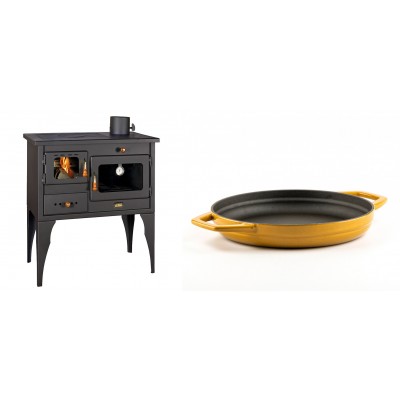 Set Küchenofen / Küchenhexe Prity mit Backofen und Kochplatte, Modell 1P34L, Leistung 10.1kW, Füße + Emaillierte gusseisenpfanne mit zwei Griffen Solagio, Dijon, Ф22cm - Kaminofen - Holzofen mit Backfach