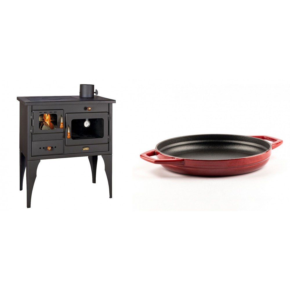 Set Küchenofen / Küchenhexe Prity mit Backofen und Kochplatte, Modell 1P34L, Leistung 10.1kW, Füße + Emaillierte gusseisenpfanne mit zwei Griffen Solagio, Rubin, Ф22cm