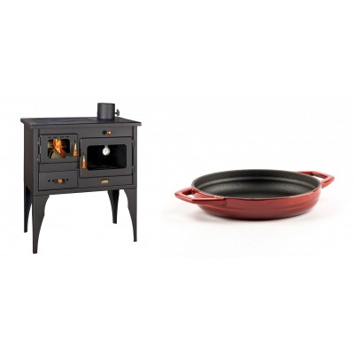 Set Küchenofen / Küchenhexe Prity mit Backofen und Kochplatte, Modell 1P34L, Leistung 10.1kW, Füße + Emaillierte gusseisenpfanne mit zwei Griffen Solagio, Rubin, Ф19cm - Kaminofen - Holzofen mit Backfach