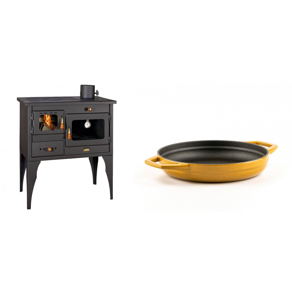 Set Küchenofen / Küchenhexe Prity mit Backofen und Kochplatte, Modell 1P34L, Leistung 10.1kW, Füße + Emaillierte gusseisenpfanne mit zwei Griffen Solagio, Dijon, Ф19cm