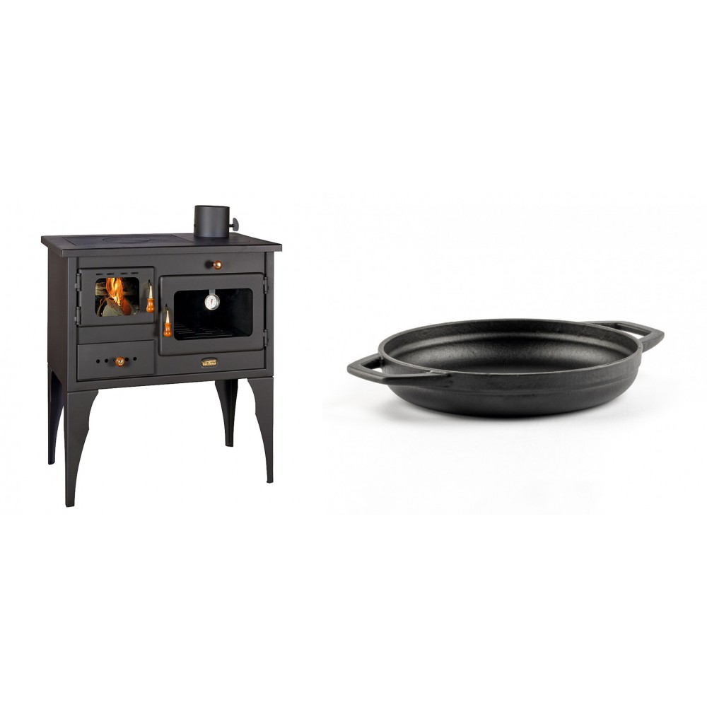 Set Küchenofen / Küchenhexe Prity mit Backofen und Kochplatte, Modell 1P34L, Leistung 10.1kW, Füße + Emaillierte gusseisenpfanne mit zwei Griffen Solagio, Black Onyx, Ф19cm
