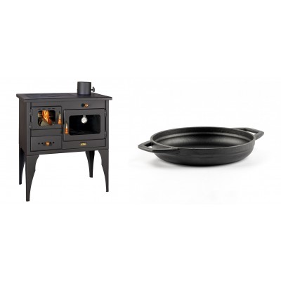 Set Küchenofen / Küchenhexe Prity mit Backofen und Kochplatte, Modell 1P34L, Leistung 10.1kW, Füße + Emaillierte gusseisenpfanne mit zwei Griffen Solagio, Black Onyx, Ф19cm - Kaminofen - Holzofen mit Backfach