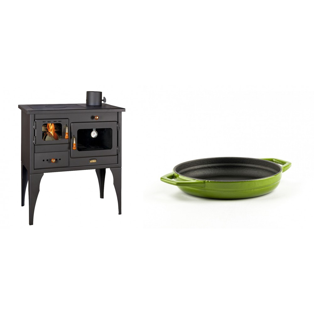 Set Küchenofen / Küchenhexe Prity mit Backofen und Kochplatte, Modell 1P34L, Leistung 10.1kW, Füße + Emaillierte gusseisenpfanne mit zwei Griffen Solagio, Bamboo, Ф16cm