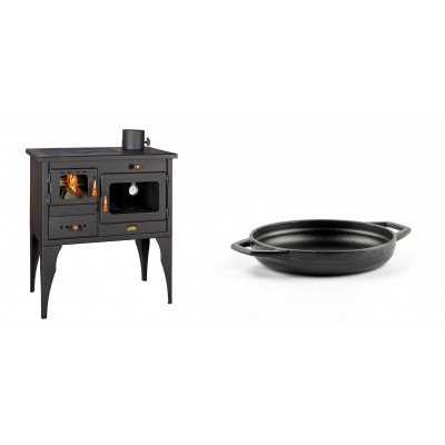 Set Küchenofen / Küchenhexe Prity mit Backofen und Kochplatte, Modell 1P34L, Leistung 10.1kW, Füße + Emaillierte gusseisenpfanne mit zwei Griffen Solagio, Black Onyx, Ф16cm - Kaminofen - Holzofen mit Backfach