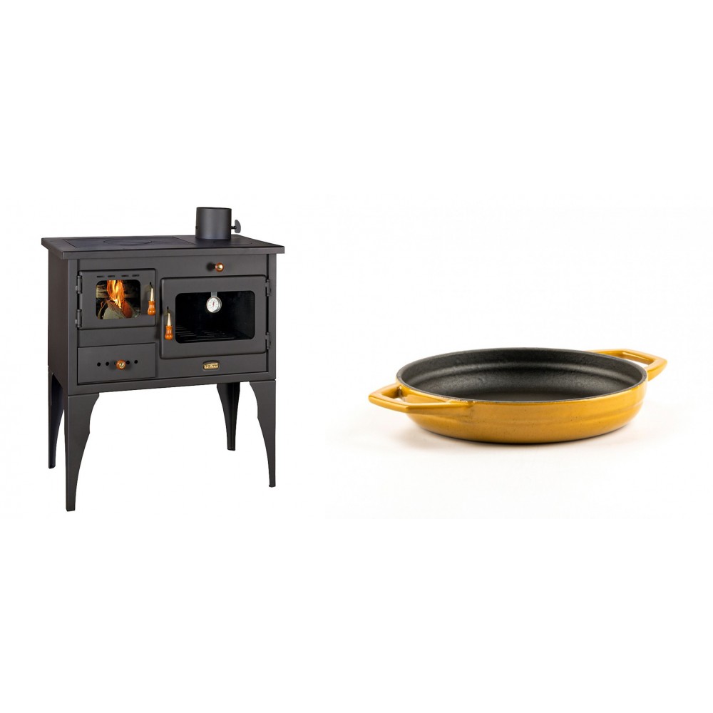 Set Küchenofen / Küchenhexe Prity mit Backofen und Kochplatte, Modell 1P34L, Leistung 10.1kW, Füße + Emaillierte gusseisenpfanne mit zwei Griffen Solagio, Dijon, Ф16cm | Kaminofen - Holzofen mit Backfach | Kaminofen |