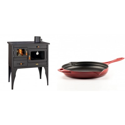 Set Küchenofen / Küchenhexe Prity mit Backofen und Kochplatte, Modell 1P34L, Leistung 10.1kW, Füße + Emaillierte Gusseisenpfanne Solagio, Rubin, Ф28cm - Kaminofen - Holzofen mit Backfach