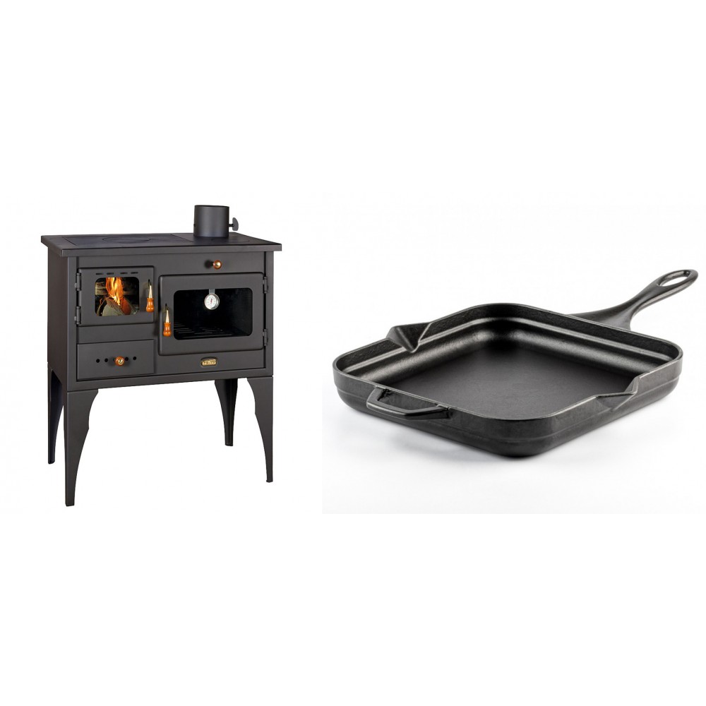 Set Küchenofen / Küchenhexe Prity mit Backofen und Kochplatte, Modell 1P34L, Leistung 10.1kW, Füße + Emaillierte Gusseisenpfanne Solagio, Black Onyx, 28x28cm | Kaminofen - Holzofen mit Backfach | Kaminofen |