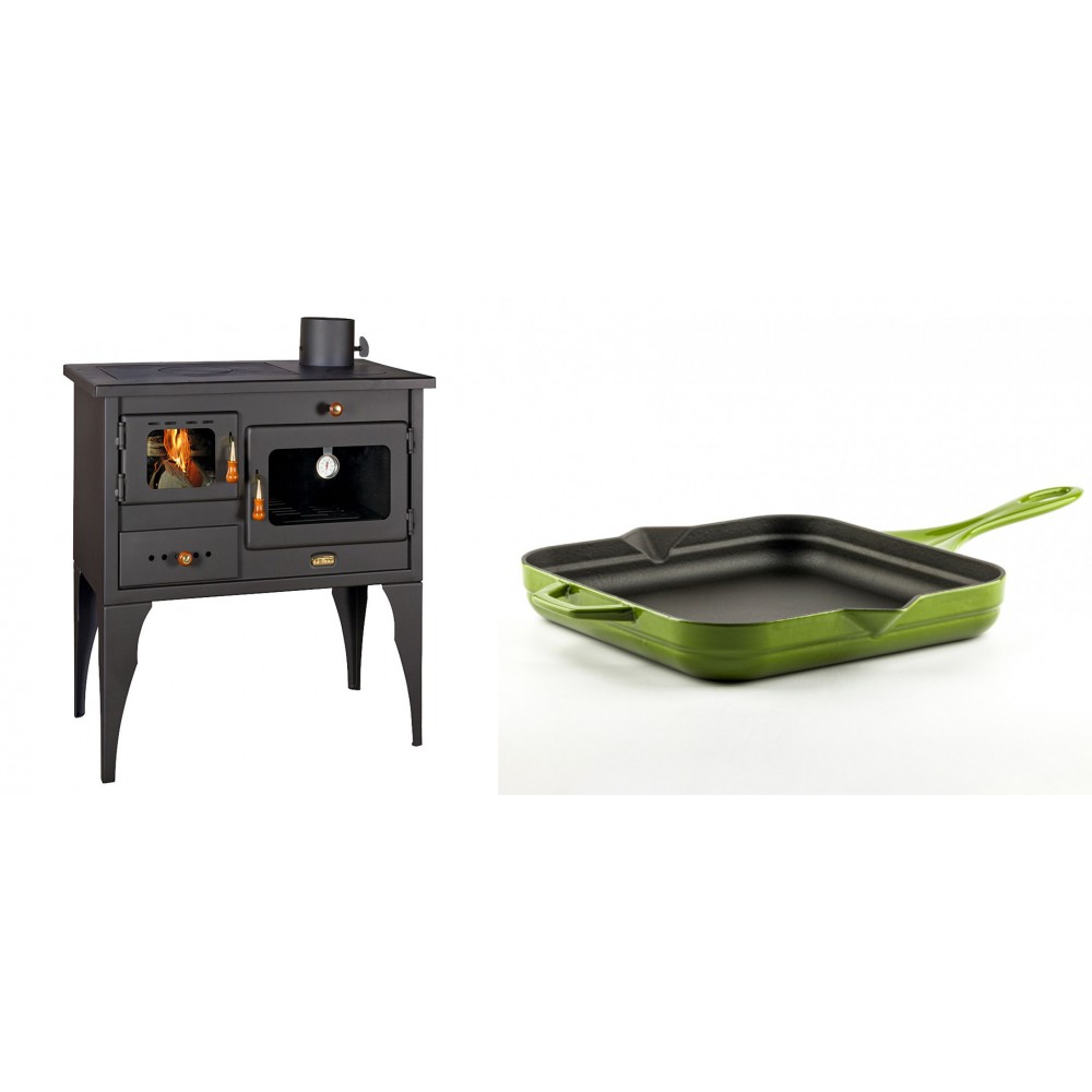 Set Küchenofen / Küchenhexe Prity mit Backofen und Kochplatte, Modell 1P34L, Leistung 10.1kW, Füße + Emaillierte Gusseisenpfanne Solagio, Bamboo, 28x28cm | Kaminofen - Holzofen mit Backfach | Kaminofen |