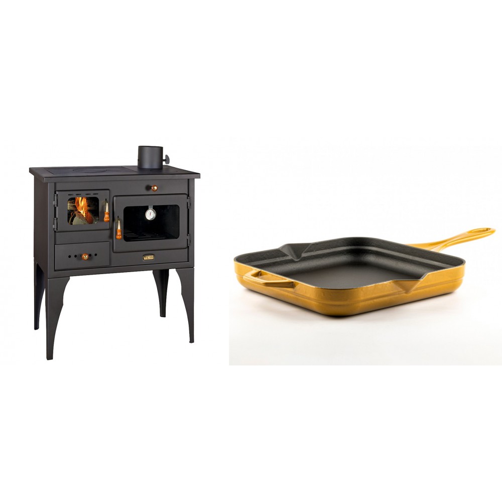 Set Küchenofen / Küchenhexe Prity mit Backofen und Kochplatte, Modell 1P34L, Leistung 10.1kW, Füße + Emaillierte Gusseisenpfanne Solagio, Dijon, 28x28cm | Kaminofen - Holzofen mit Backfach | Kaminofen |