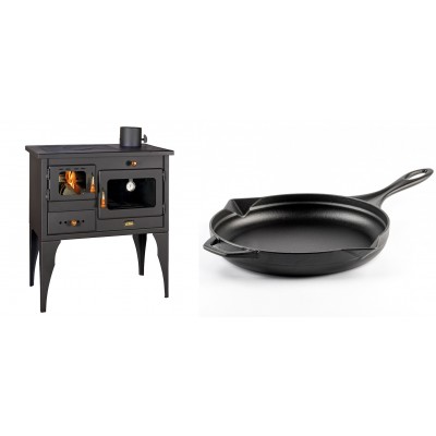 Set Küchenofen / Küchenhexe Prity mit Backofen und Kochplatte, Modell 1P34L, Leistung 10.1kW, Füße + Emaillierte Gusseisenpfanne Solagio, Black Onyx, Ф28cm - Kaminofen - Holzofen mit Backfach