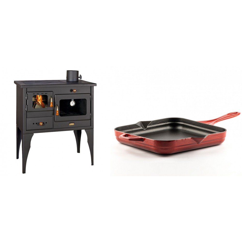 Set Küchenofen / Küchenhexe Prity mit Backofen und Kochplatte, Modell 1P34L, Leistung 10.1kW, Füße + Emaillierte Gusseisenpfanne Solagio, Rubin, 28x28cm