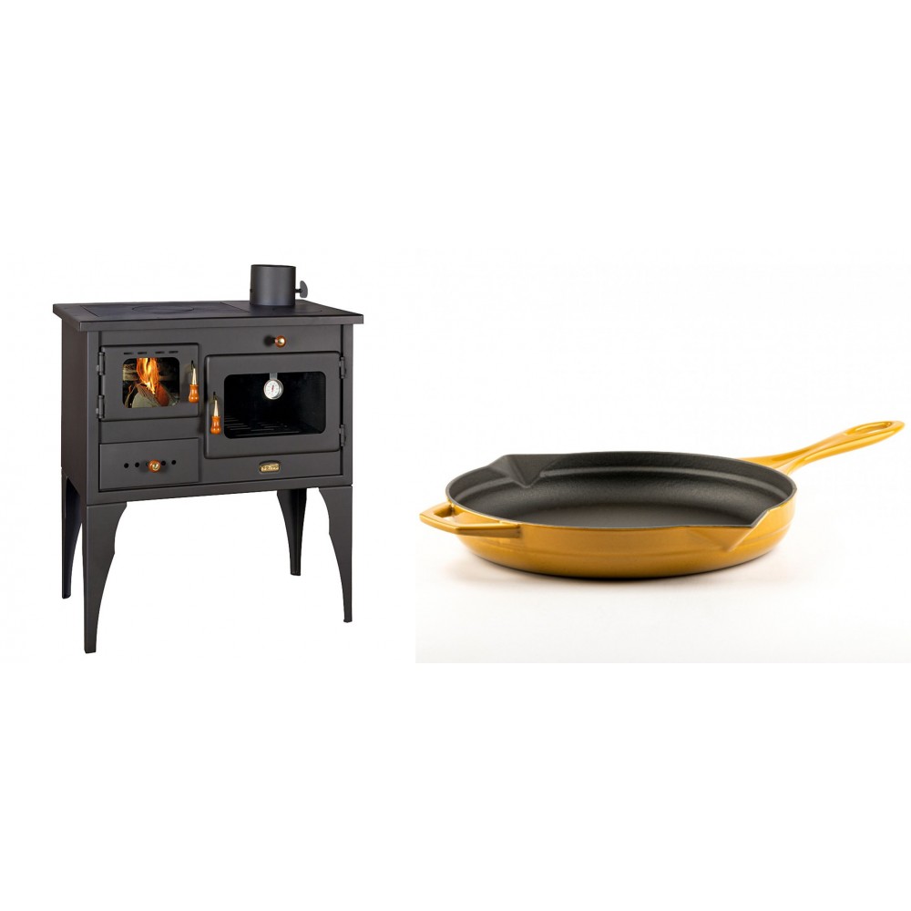 Set Küchenofen / Küchenhexe Prity mit Backofen und Kochplatte, Modell 1P34L, Leistung 10.1kW, Füße + Emaillierte Gusseisenpfanne Solagio, Dijon, Ф28cm | Kaminofen - Holzofen mit Backfach | Kaminofen |