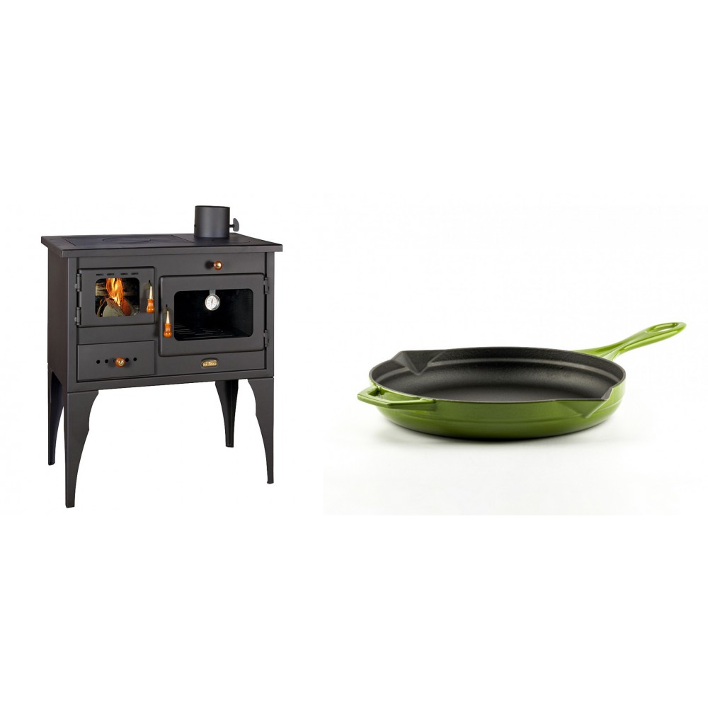 Set Küchenofen / Küchenhexe Prity mit Backofen und Kochplatte, Modell 1P34L, Leistung 10.1kW, Füße + Emaillierte Gusseisenpfanne Solagio, Bamboo, Ф24cm