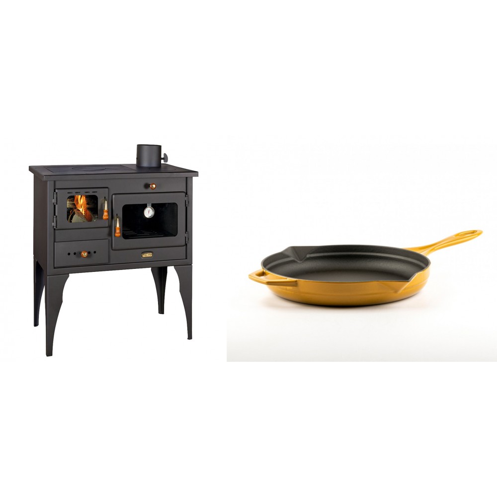 Set Küchenofen / Küchenhexe Prity mit Backofen und Kochplatte, Modell 1P34L, Leistung 10.1kW, Füße + Emaillierte Gusseisenpfanne Solagio, Dijon, Ф24cm