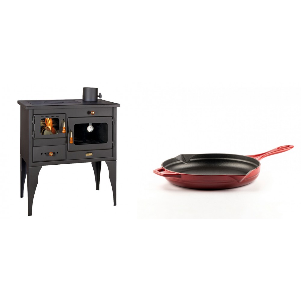 Set Küchenofen / Küchenhexe Prity mit Backofen und Kochplatte, Modell 1P34L, Leistung 10.1kW, Füße + Emaillierte Gusseisenpfanne Solagio, Rubin, Ф24cm