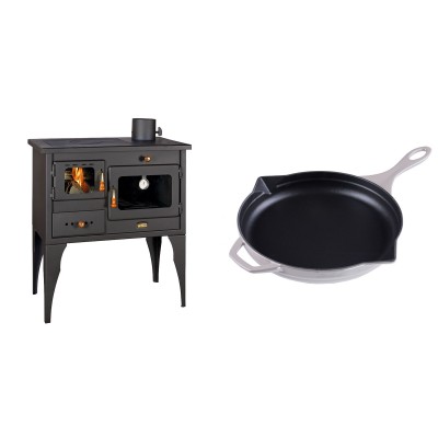 Set Küchenofen / Küchenhexe Prity mit Backofen und Kochplatte, Modell 1P34L, Leistung 10.1kW, Füße + Emaillierte Gusseisenpfanne Solagio, Ivory, Ф28cm - Kaminofen - Holzofen mit Backfach