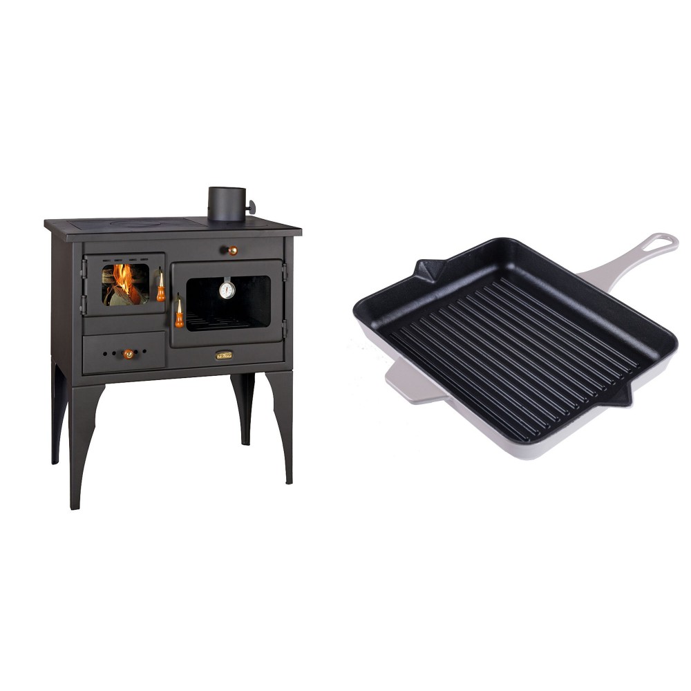 Set Küchenofen / Küchenhexe Prity mit Backofen und Kochplatte, Modell 1P34L, Leistung 10.1kW, Füße + Emaillierte grillpfanne Gusseisen Solagio, Ivory, 26x32cm | Kaminofen - Holzofen mit Backfach | Kaminofen |