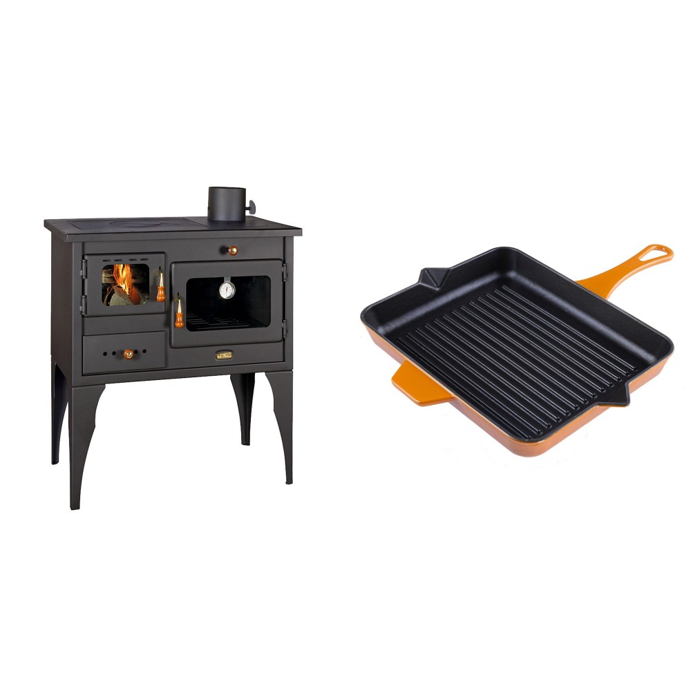 Set Küchenofen / Küchenhexe Prity mit Backofen und Kochplatte, Modell 1P34L, Leistung 10.1kW, Füße + Emaillierte grillpfanne Gusseisen Solagio, Dijon, 26x32cm