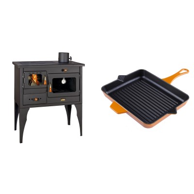 Set Küchenofen / Küchenhexe Prity mit Backofen und Kochplatte, Modell 1P34L, Leistung 10.1kW, Füße + Emaillierte grillpfanne Gusseisen Solagio, Dijon, 26x32cm - Kaminofen - Holzofen mit Backfach