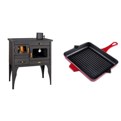 Set Küchenofen / Küchenhexe Prity mit Backofen und Kochplatte, Modell 1P34L, Leistung 10.1kW, Füße + Emaillierte grillpfanne Gusseisen Solagio, Rubin, 26x32cm - Kaminofen - Holzofen mit Backfach