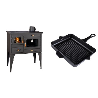 Set Küchenofen / Küchenhexe Prity mit Backofen und Kochplatte, Modell 1P34L, Leistung 10.1kW, Füße + Emaillierte grillpfanne Gusseisen Solagio, Black Onyx, 26x32cm - Kaminofen - Holzofen mit Backfach