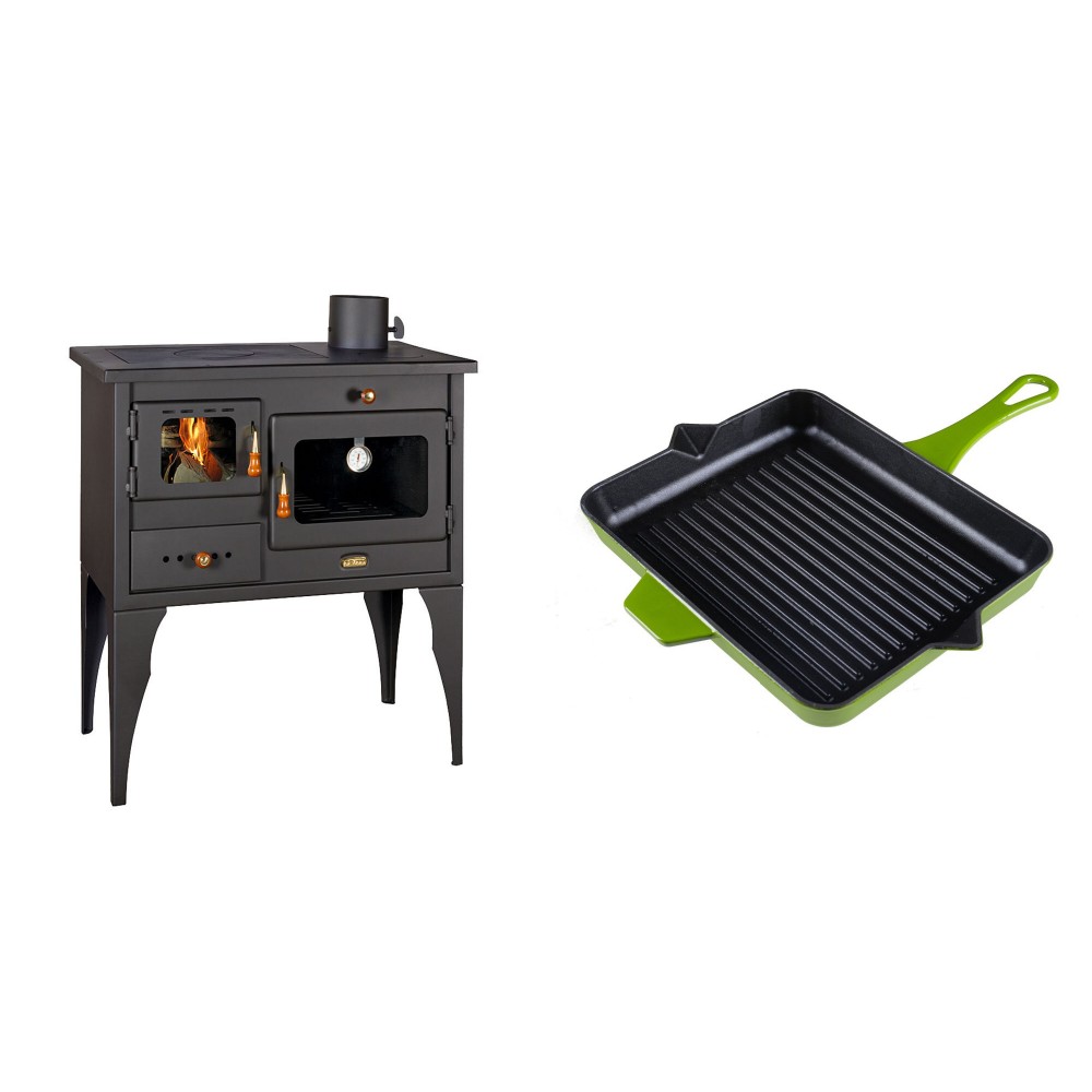 Set Küchenofen / Küchenhexe Prity mit Backofen und Kochplatte, Modell 1P34L, Leistung 10.1kW, Füße + Emaillierte grillpfanne Gusseisen Solagio, Bamboo, 26x32cm