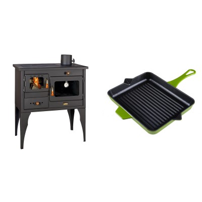 Set Küchenofen / Küchenhexe Prity mit Backofen und Kochplatte, Modell 1P34L, Leistung 10.1kW, Füße + Emaillierte grillpfanne Gusseisen Solagio, Bamboo, 26x32cm - Kaminofen - Holzofen mit Backfach