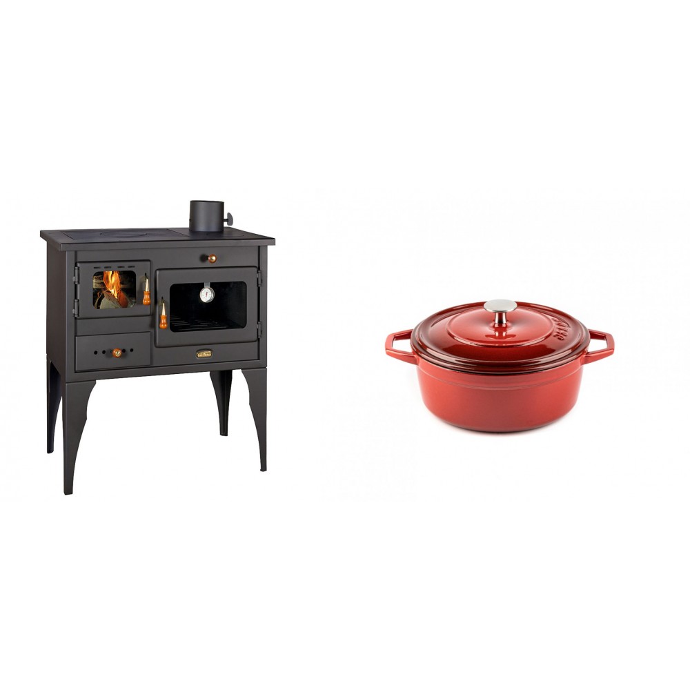 Set Küchenofen / Küchenhexe Prity mit Backofen und Kochplatte, Modell 1P34L, Leistung 10.1kW, Füße + Gusseisen Topf Tiefer Solagio, Rubin, Ф12 | Kaminofen - Holzofen mit Backfach | Kaminofen |