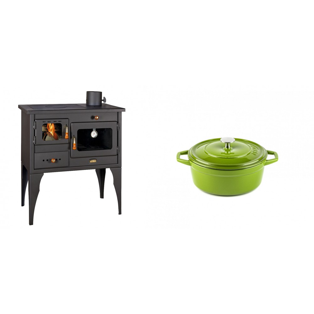 Set Küchenofen / Küchenhexe Prity mit Backofen und Kochplatte, Modell 1P34L, Leistung 10.1kW, Füße + Gusseisen Topf Tiefer Solagio, Bamboo, Ф12