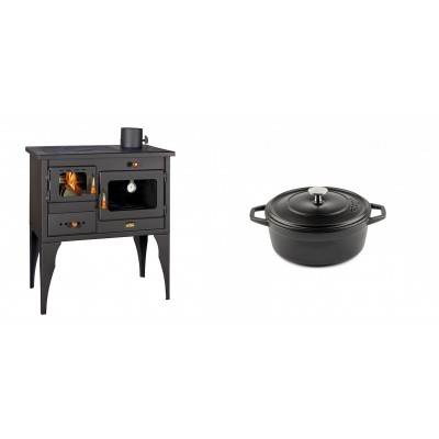 Set Küchenofen / Küchenhexe Prity mit Backofen und Kochplatte, Modell 1P34L, Leistung 10.1kW, Füße + Gusseisen Topf Tiefer Solagio, Black Onyx, Ф12 - Kaminofen - Holzofen mit Backfach