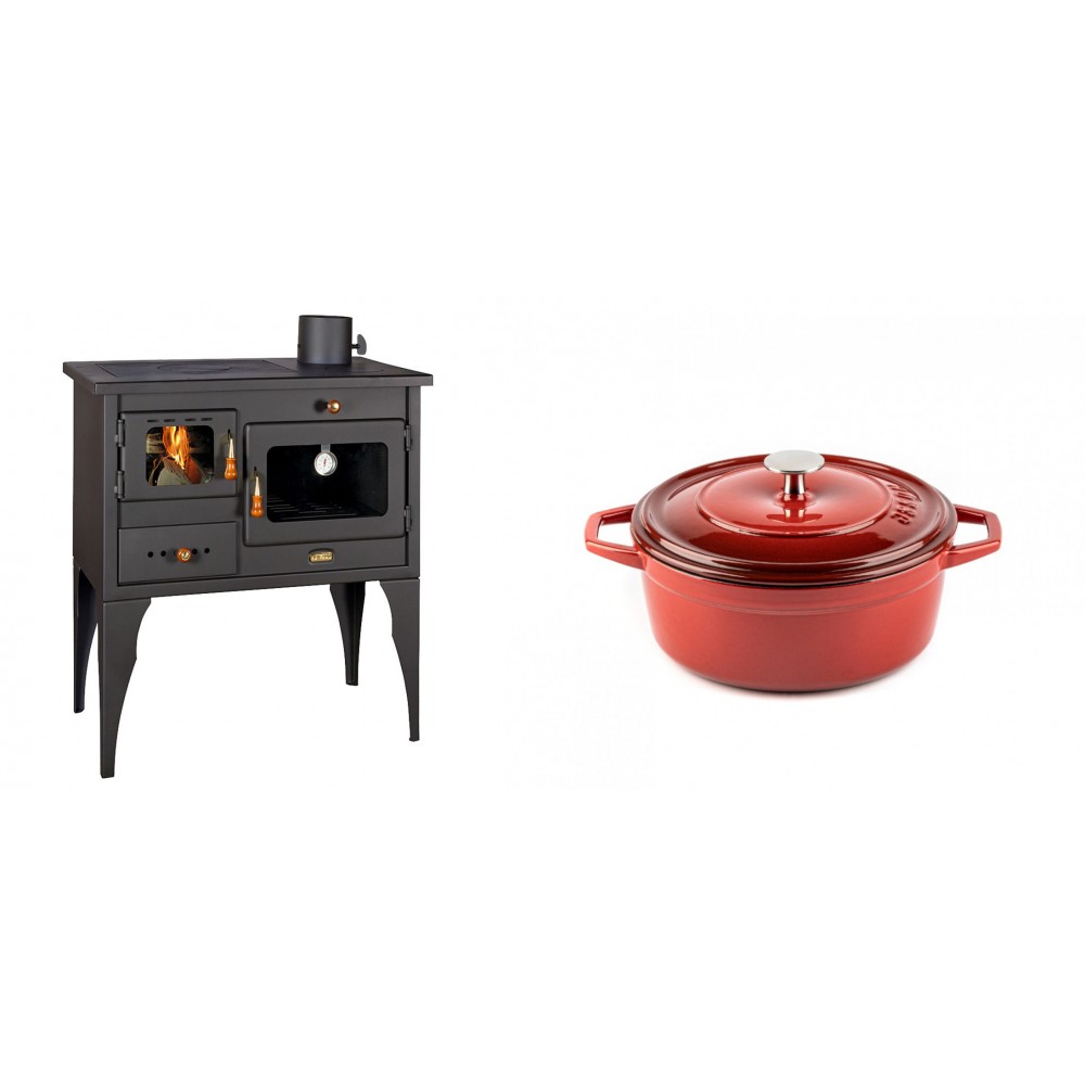 Set Küchenofen / Küchenhexe Prity mit Backofen und Kochplatte, Modell 1P34L, Leistung 10.1kW, Füße + Gusseisen Topf Tiefer Solagio, Rubin, Ф20