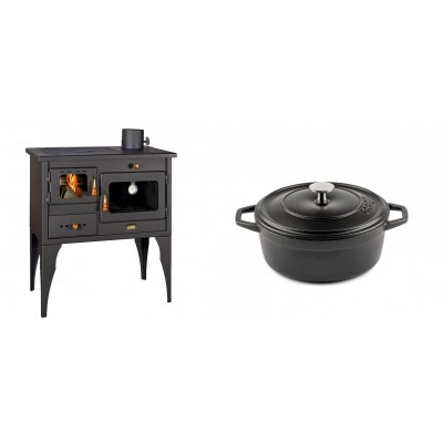 Set Küchenofen / Küchenhexe Prity mit Backofen und Kochplatte, Modell 1P34L, Leistung 10.1kW, Füße + Gusseisen Topf Tiefer Solagio, Black Onyx, Ф20 - Kaminofen - Holzofen mit Backfach